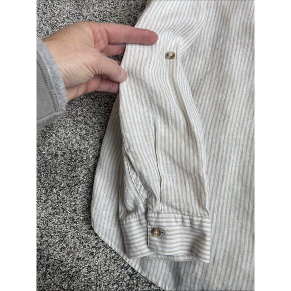 Chico’s No-iron Button-up Linen Roll Sleeve Blouse Size 2 Large Tan White Stripe - Picture 5 of 9